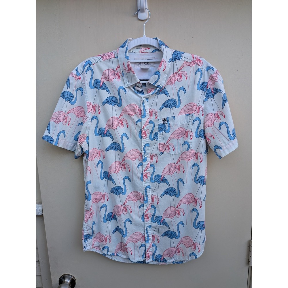 Penguin‎ Men's Short Sleeve Button Down Shirt Flamingo Print Size Medium